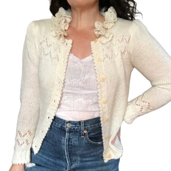 Vtg Puff Sleeve Pockets Ruffle Cut Work Knit Granny Grandma Cardigan Sweater S/M - Picture 12 of 17